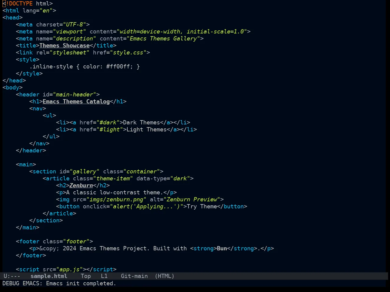 Ayu Dark Theme in html-mode