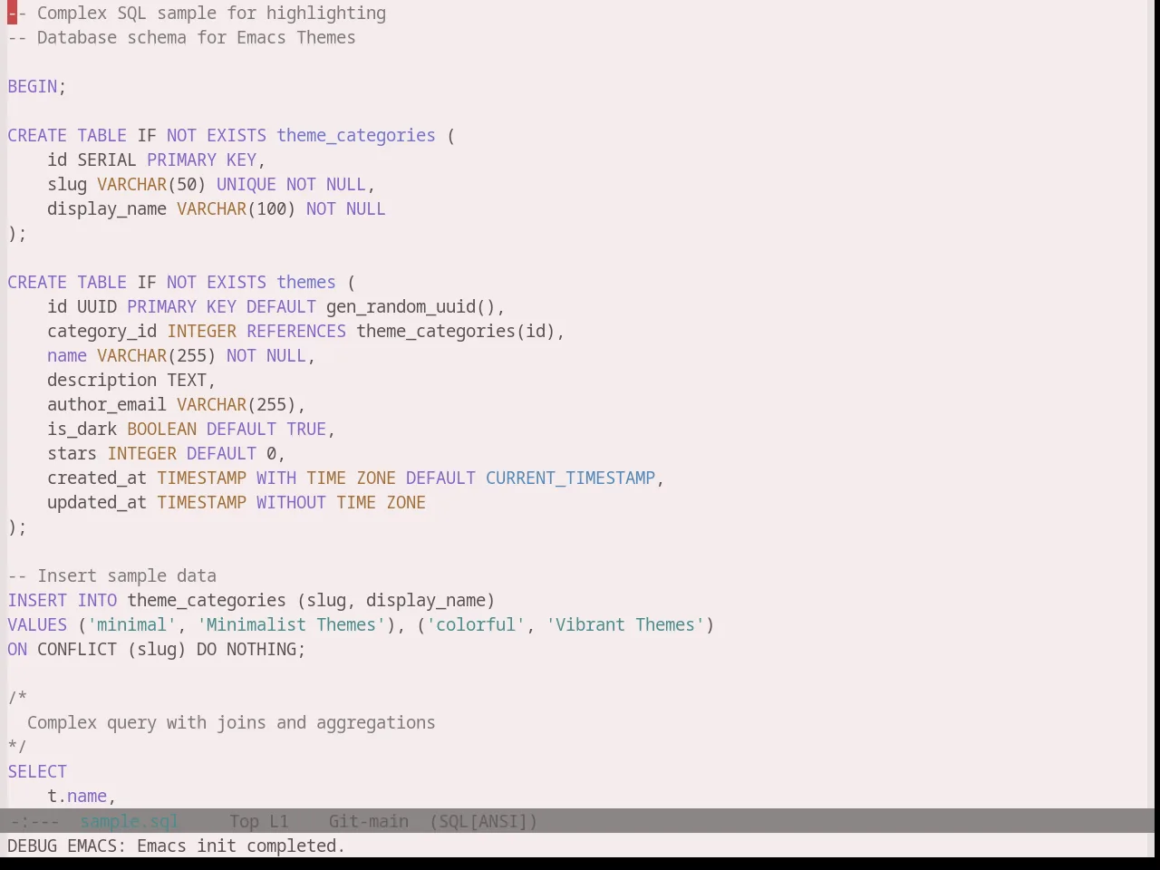 Base16 Atelier Plateau Light Theme in sql-mode