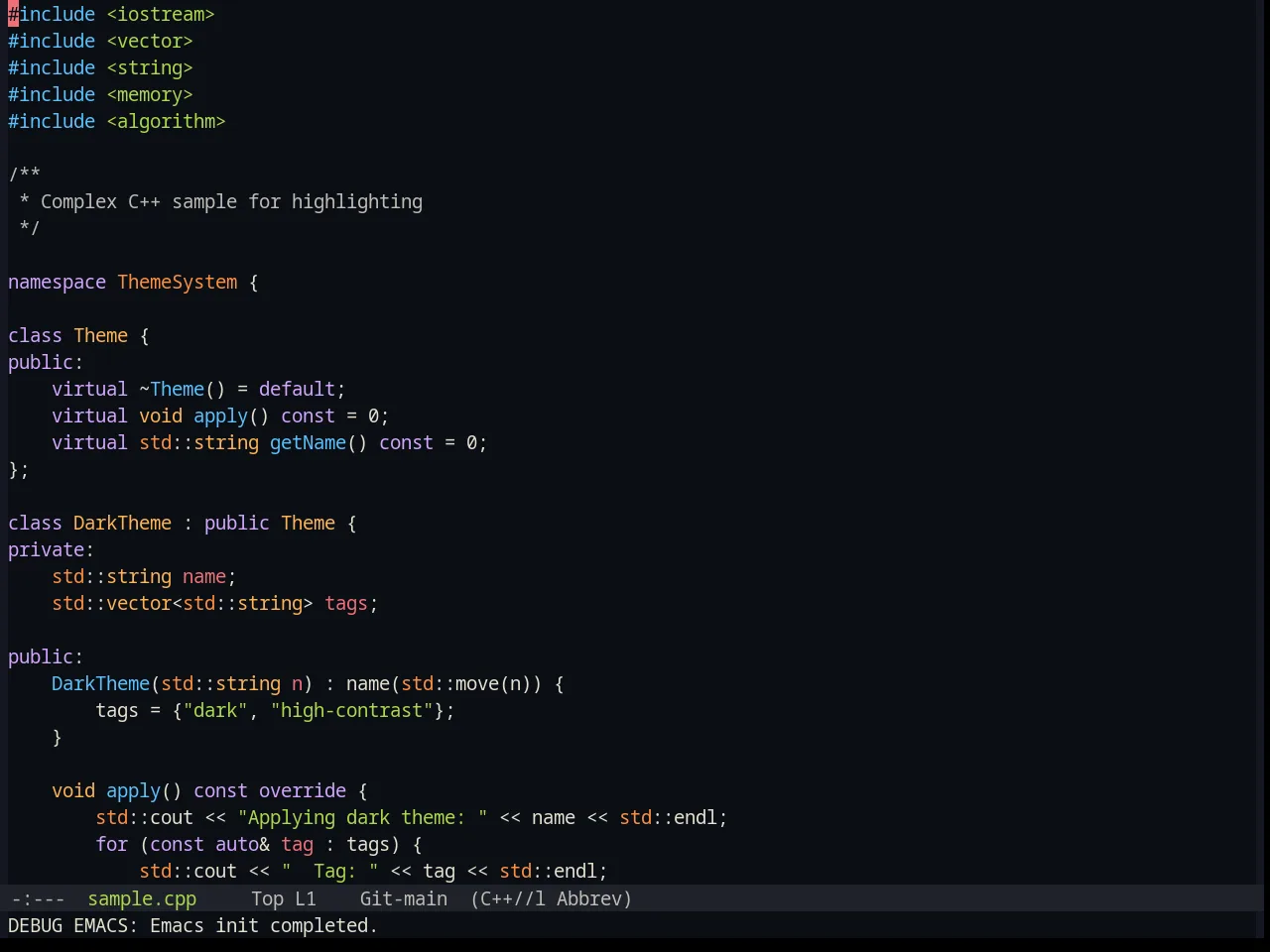 Base16 Ayu Dark Theme in c++-mode