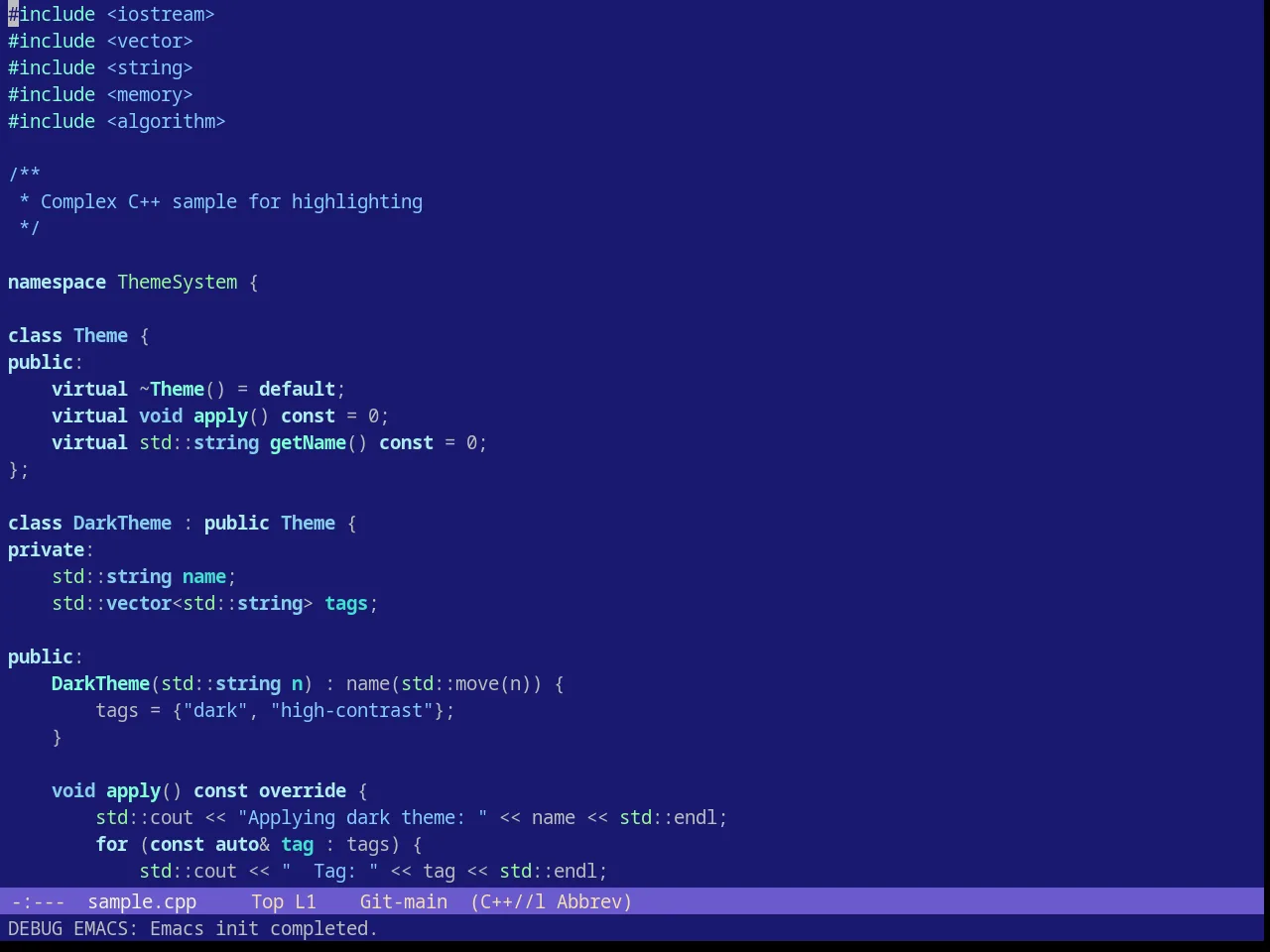 Blue Sea Theme in c++-mode
