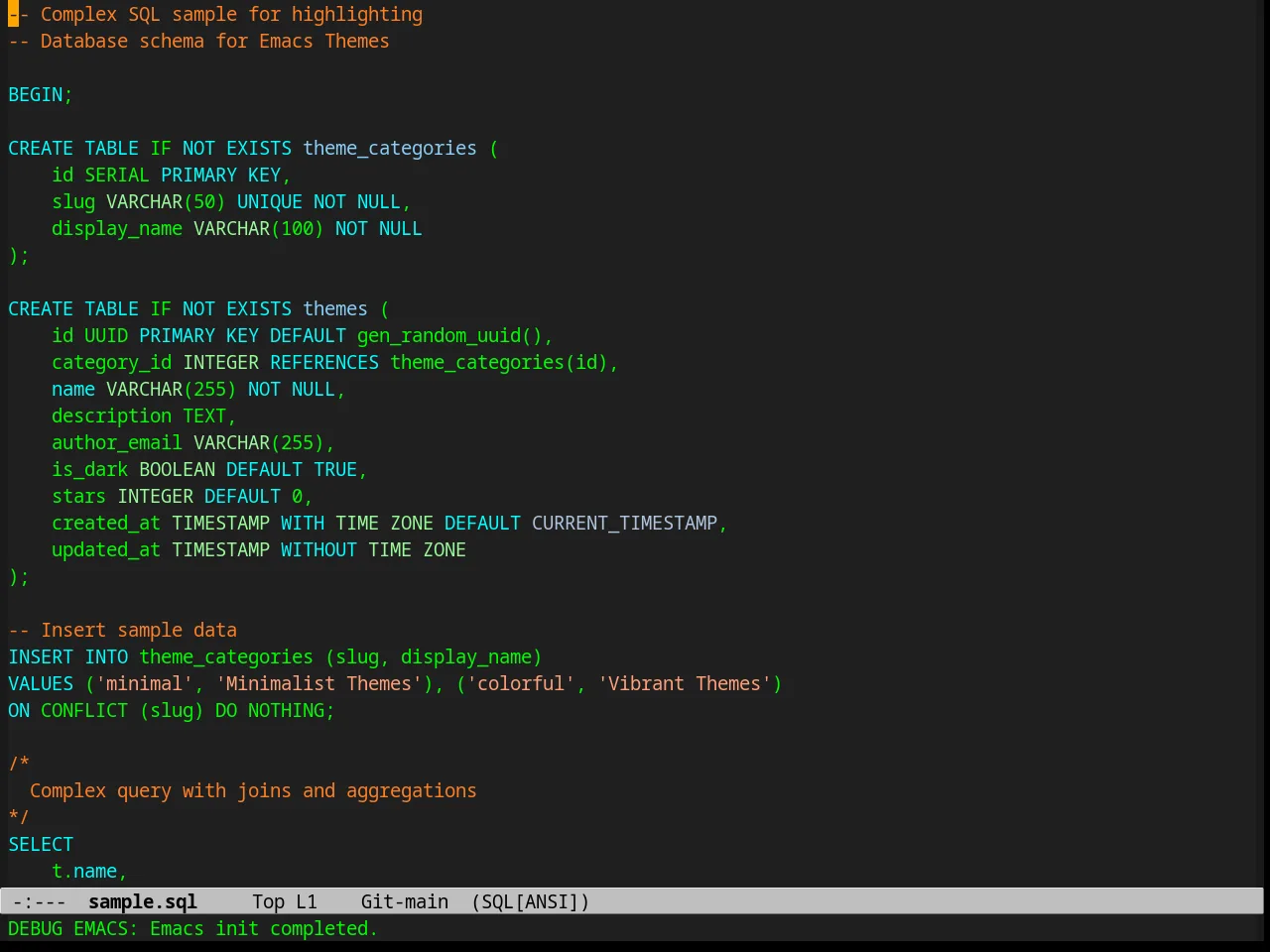 Calm Forest Theme in sql-mode