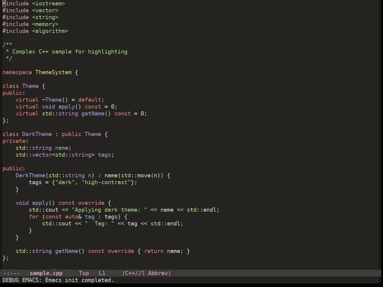 Colorsarenice Dark Theme in c++-mode