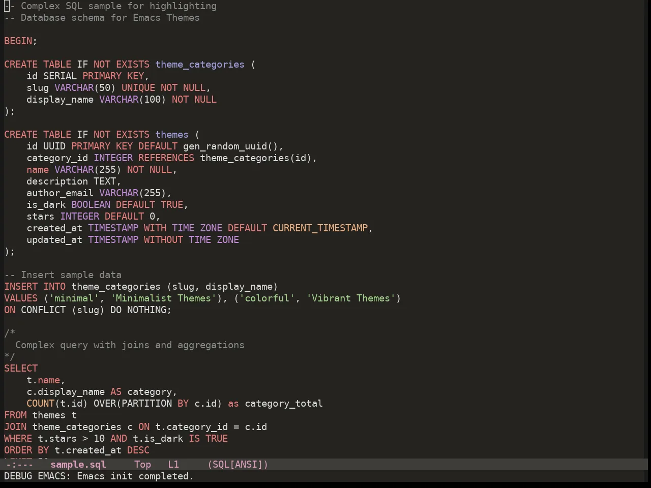 Colorsarenice Dark Theme in sql-mode