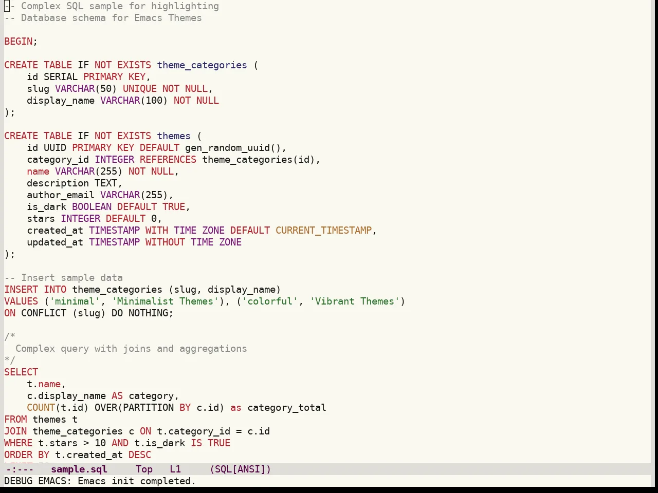 Colorsarenice Light Theme in sql-mode