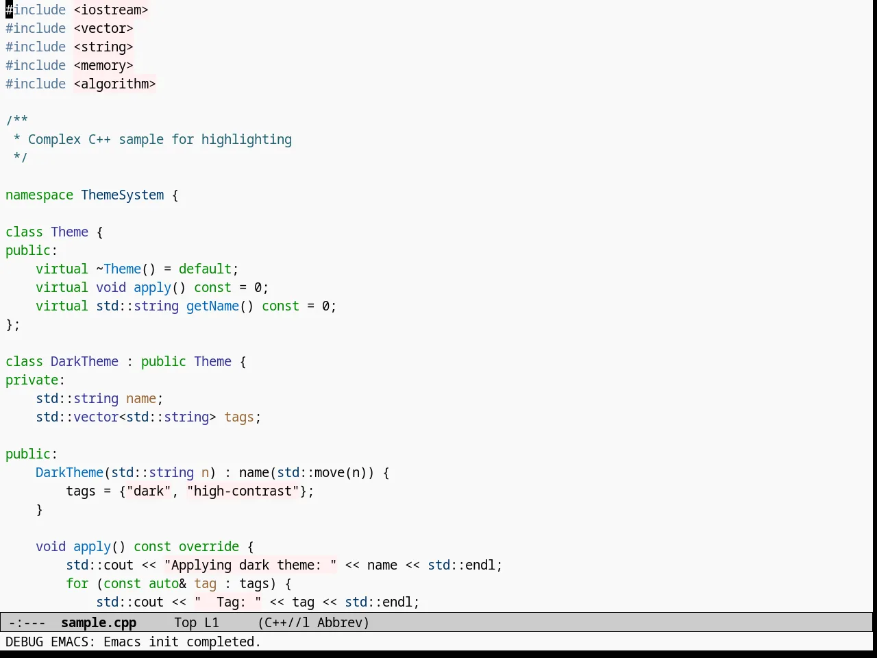 Dakrone Light Theme in c++-mode