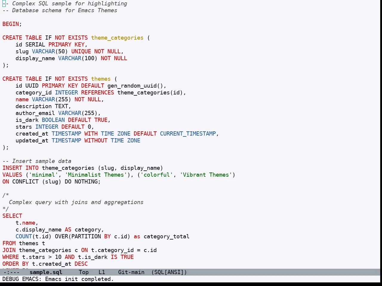 Doom Acario Light Theme in sql-mode