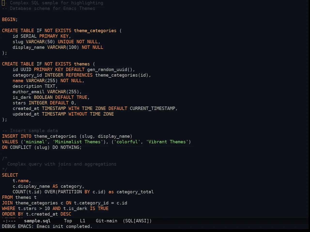 Doom Ayu Dark Theme in sql-mode