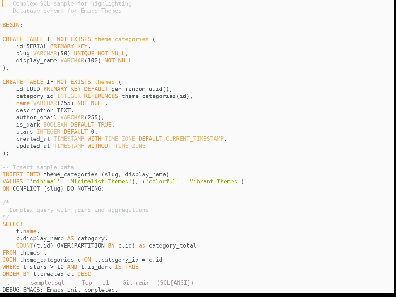 Doom Ayu Light Theme in sql-mode
