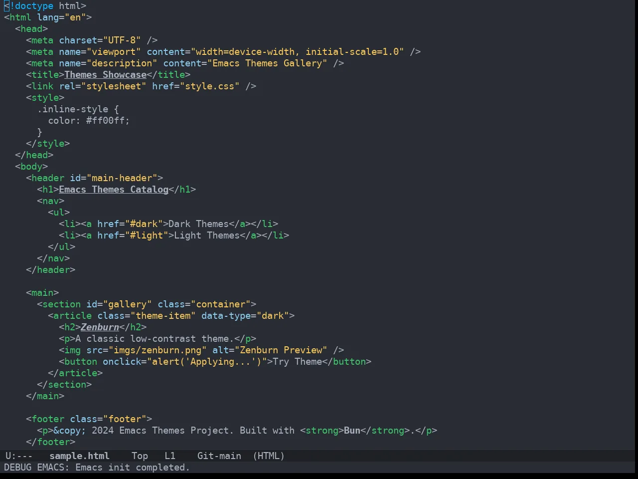 Doom Bluloco Dark Theme in html-mode