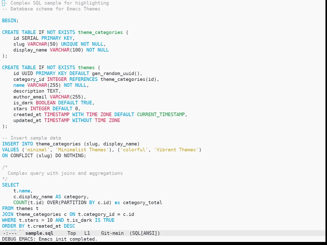Doom Bluloco Light Theme in sql-mode