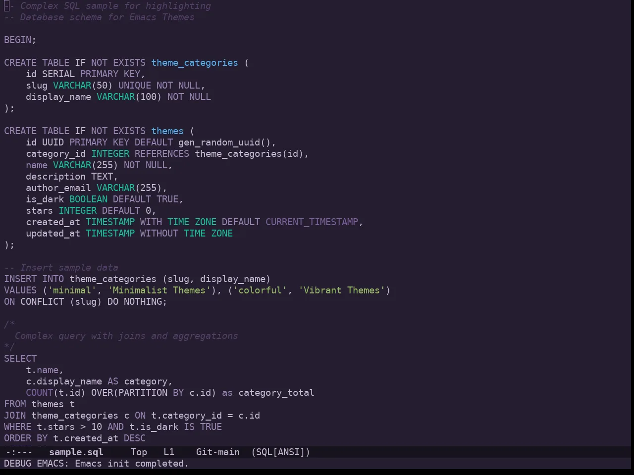 Doom Feather Dark Theme in sql-mode