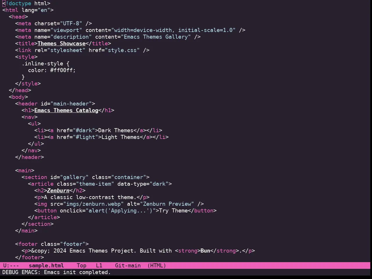 Doom Laserwave Theme in html-mode