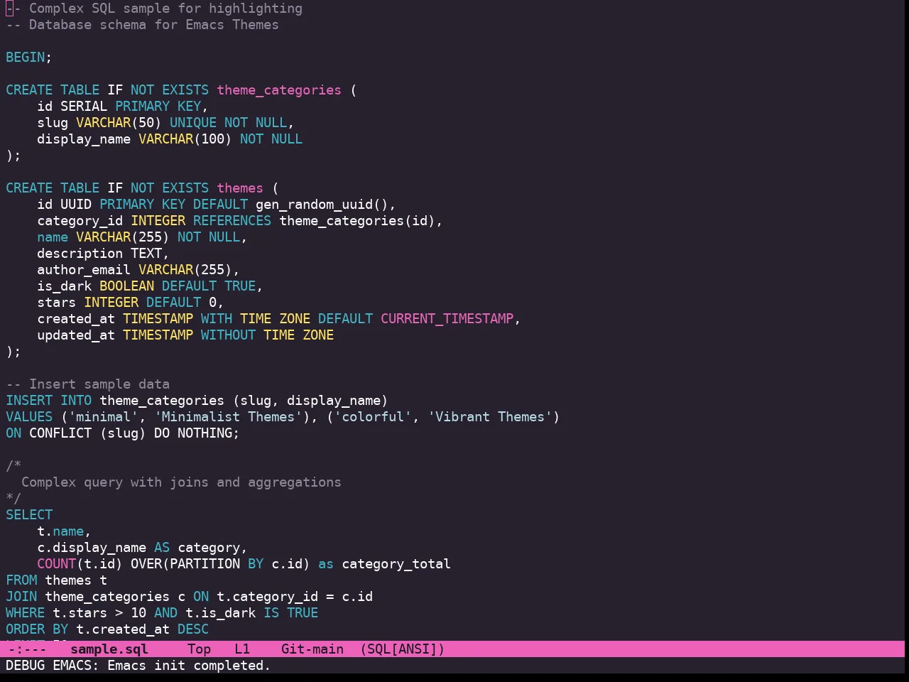 Doom Laserwave Theme in sql-mode