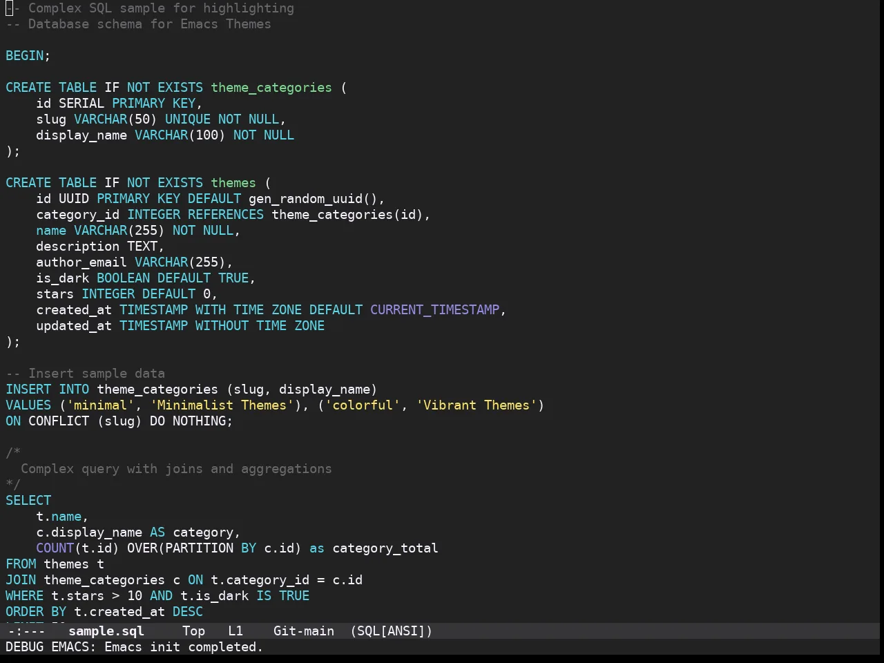 Doom Monokai Spectrum Theme in sql-mode