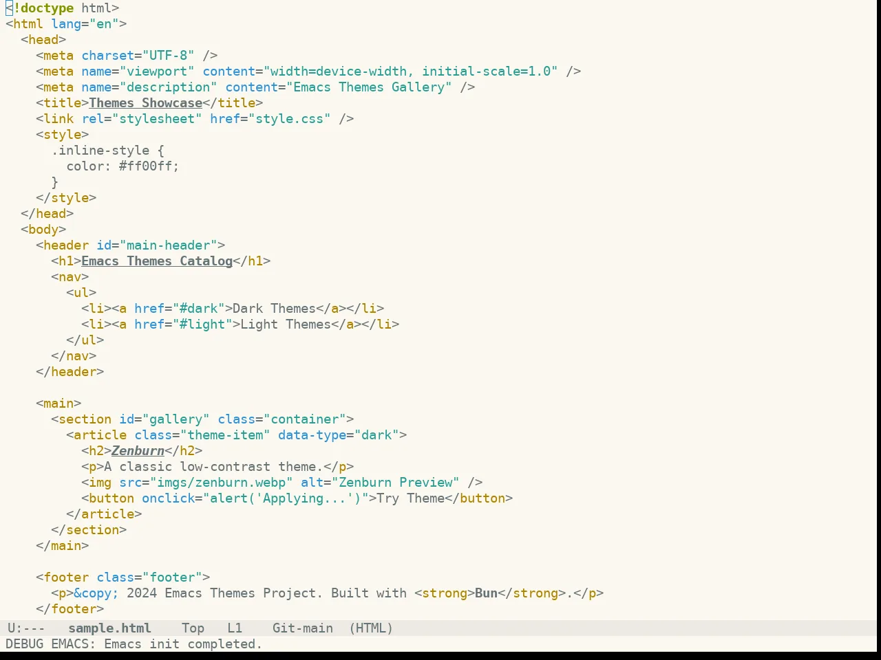 Doom Oksolar Light Theme in html-mode