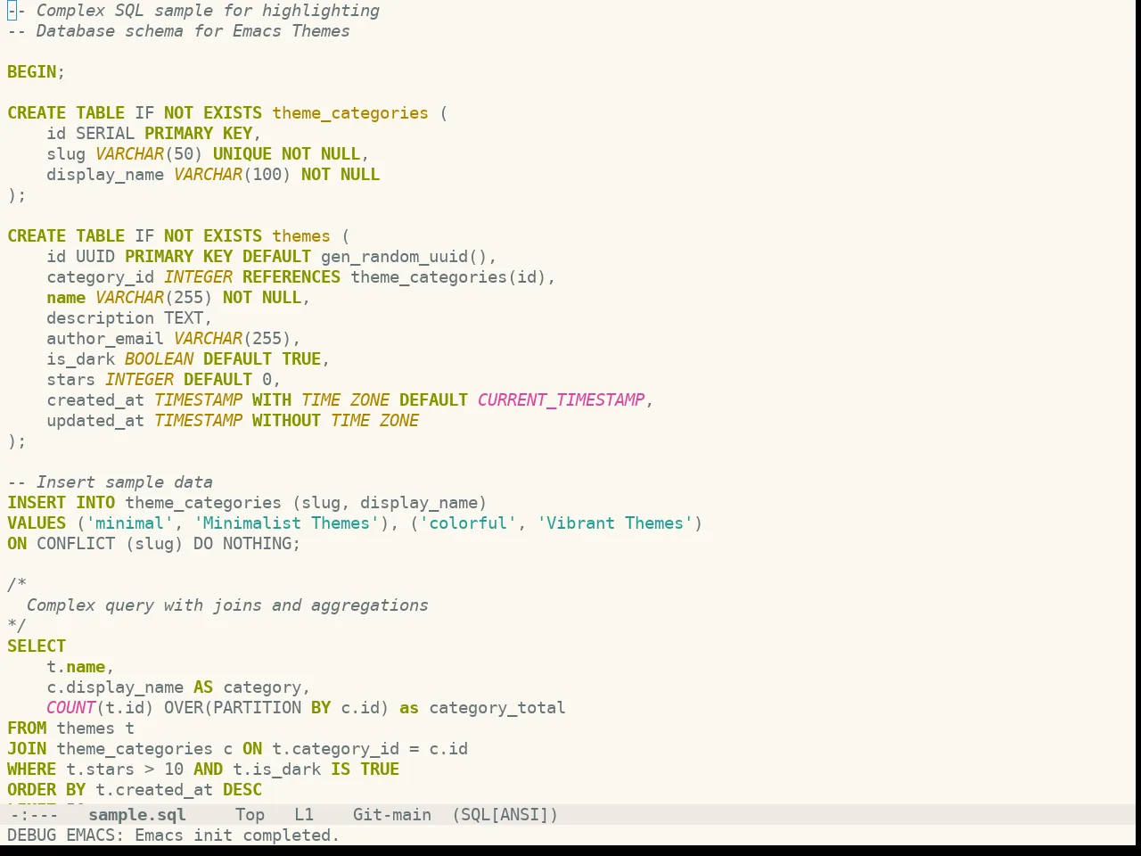 Doom Oksolar Light Theme in sql-mode