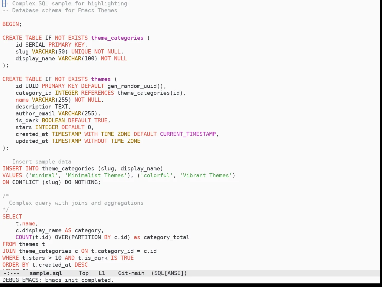 Doom One Light Theme in sql-mode