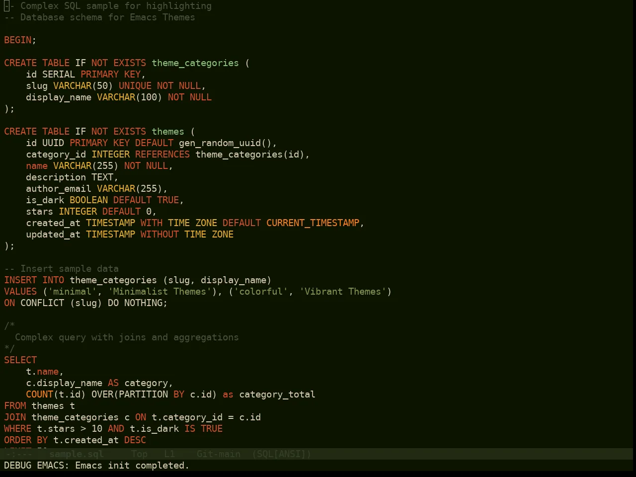 Doom Pine Theme in sql-mode