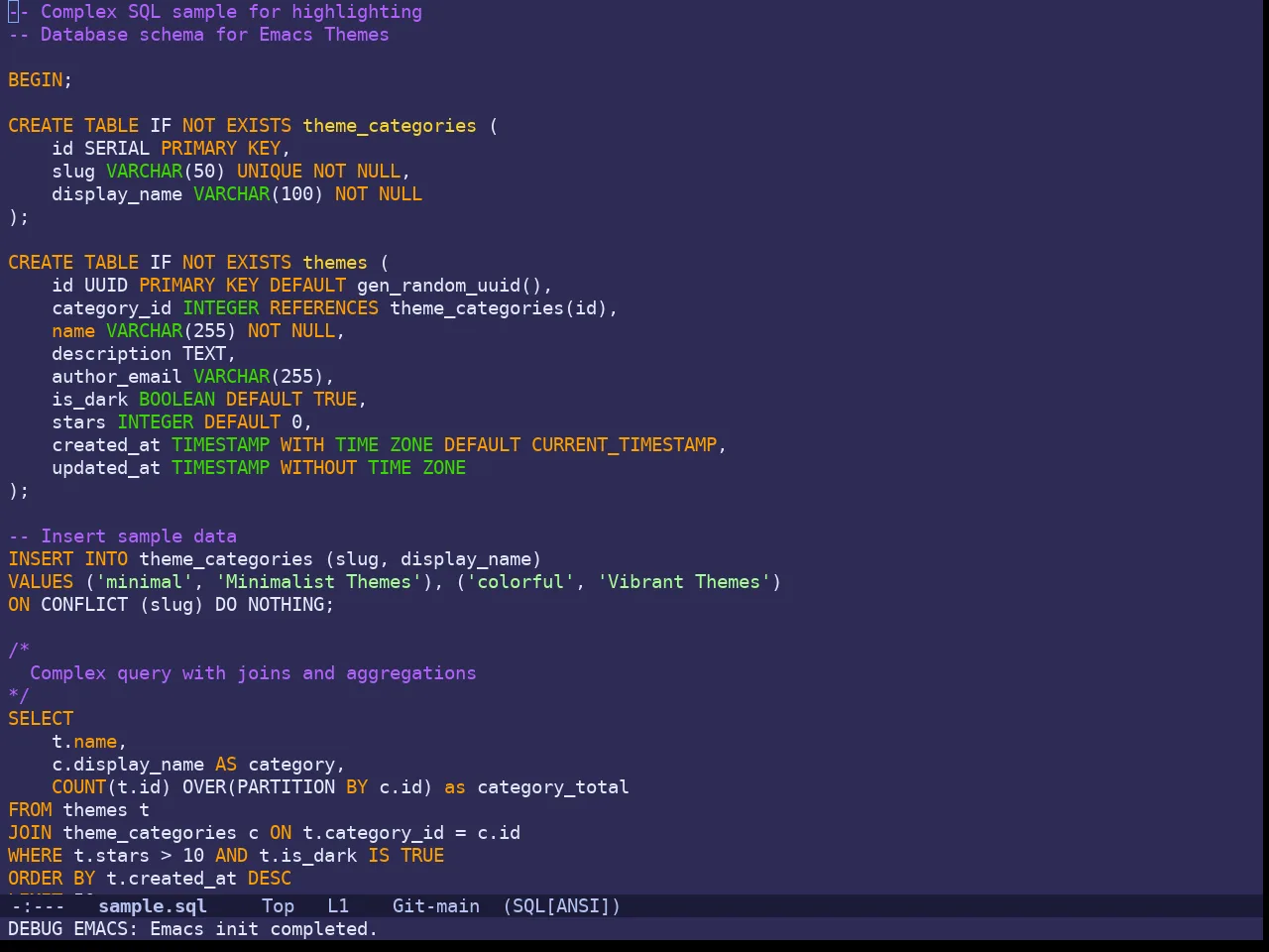 Doom Shades of Purple Theme in sql-mode