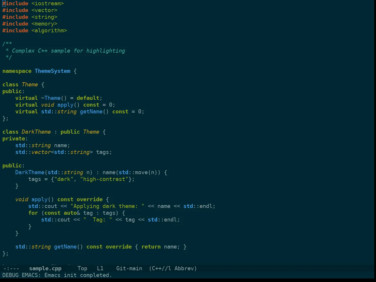 Doom Solarized Dark High Contrast Theme in c++-mode