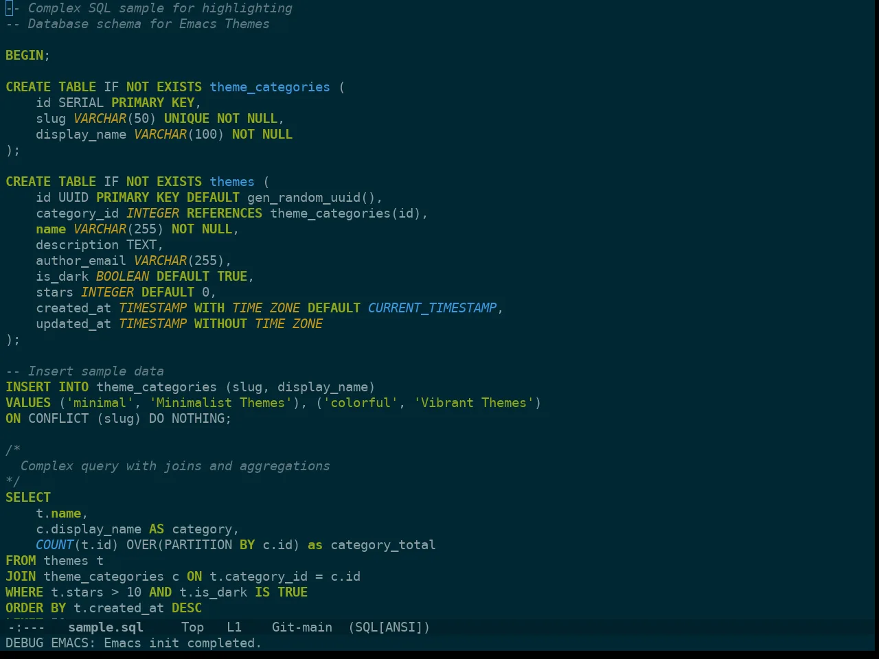 Doom Solarized Dark High Contrast Theme in sql-mode