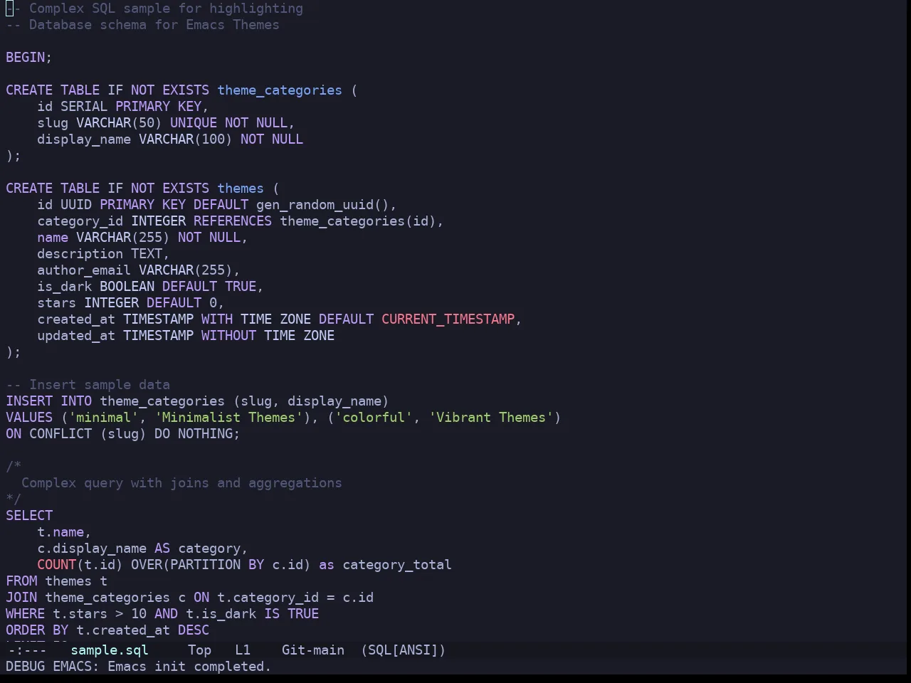 Doom Tokyo Night Theme in sql-mode
