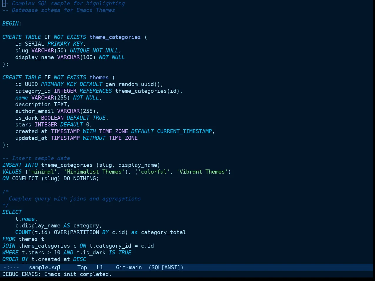 Doom Winter is Coming Dark Blue Theme in sql-mode