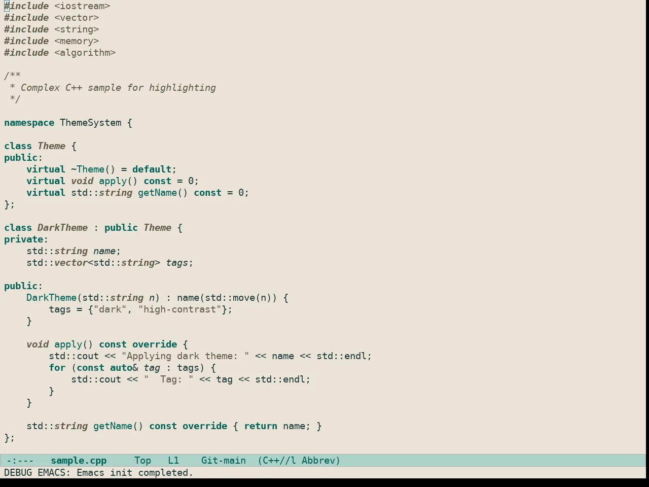 Doric Beach Theme in c++-mode