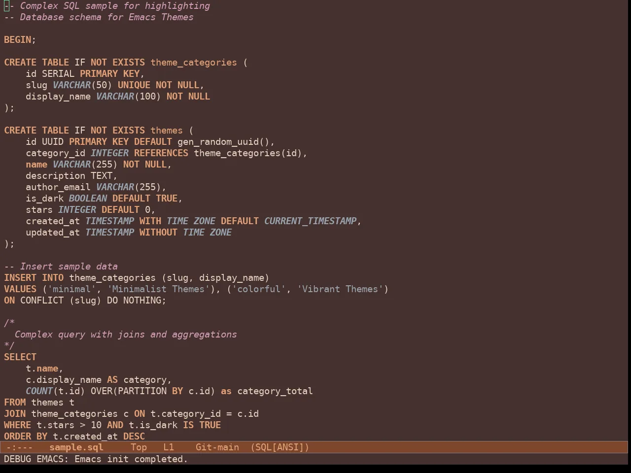Doric Copper Theme in sql-mode