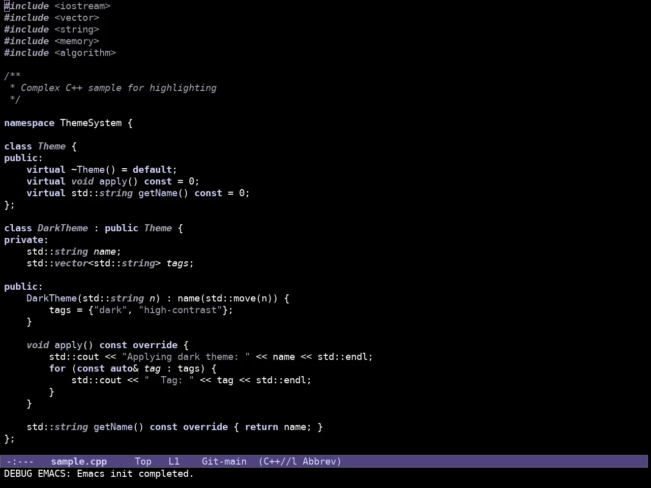 Doric Dark Theme in c++-mode