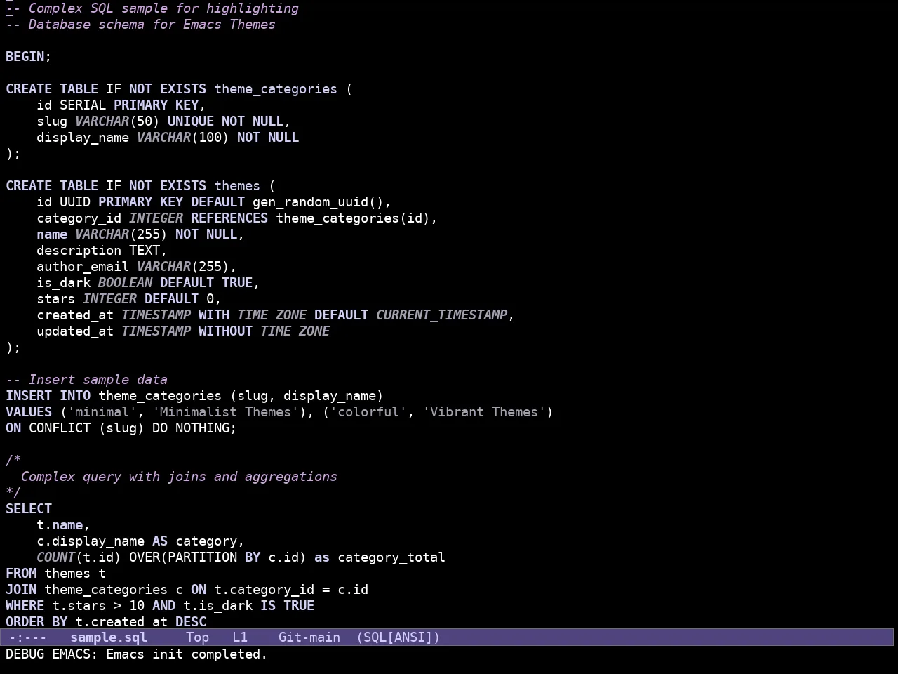Doric Dark Theme in sql-mode