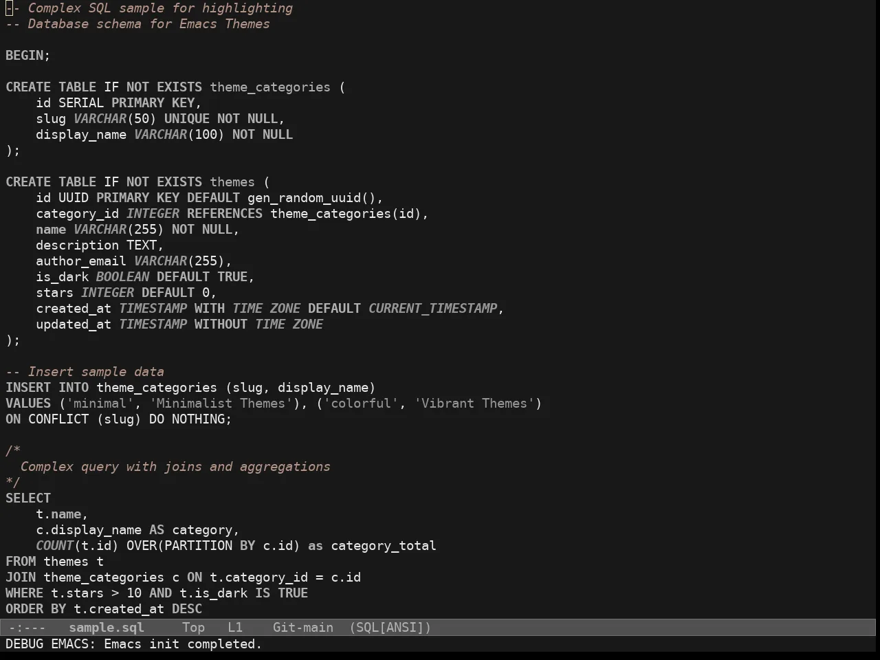Doric Obsidian Theme in sql-mode