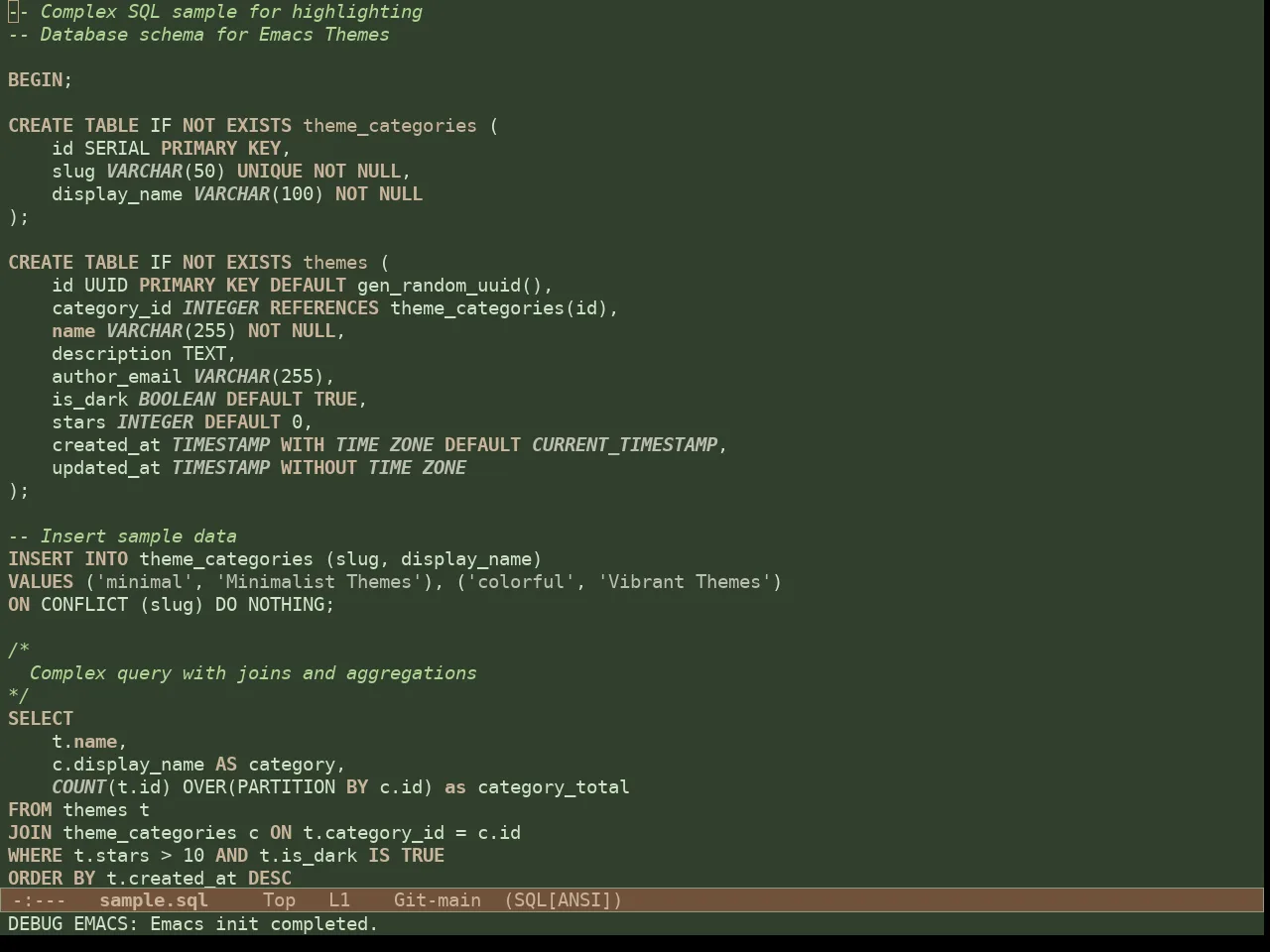 Doric Pine Theme in sql-mode