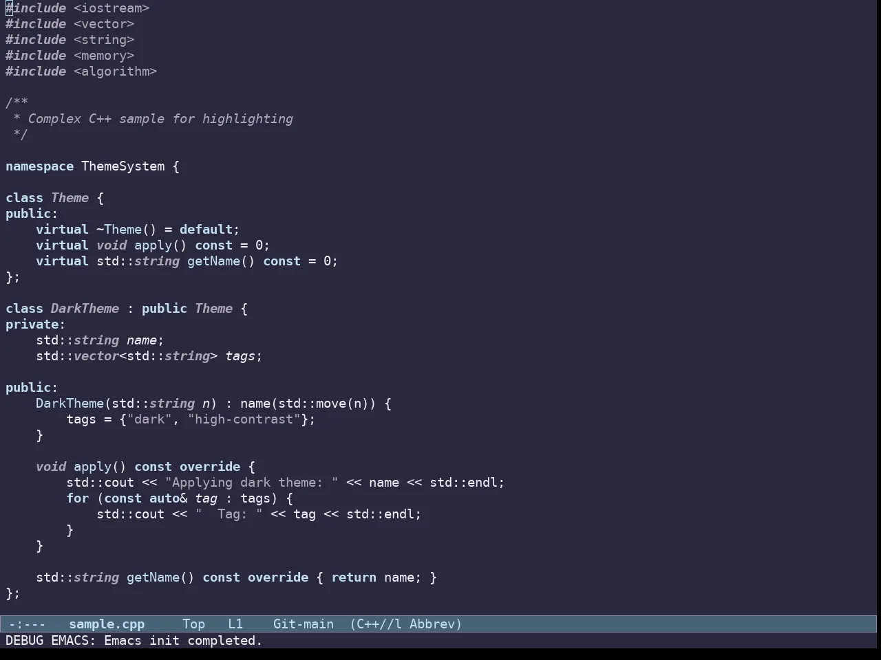 Doric Water Theme in c++-mode