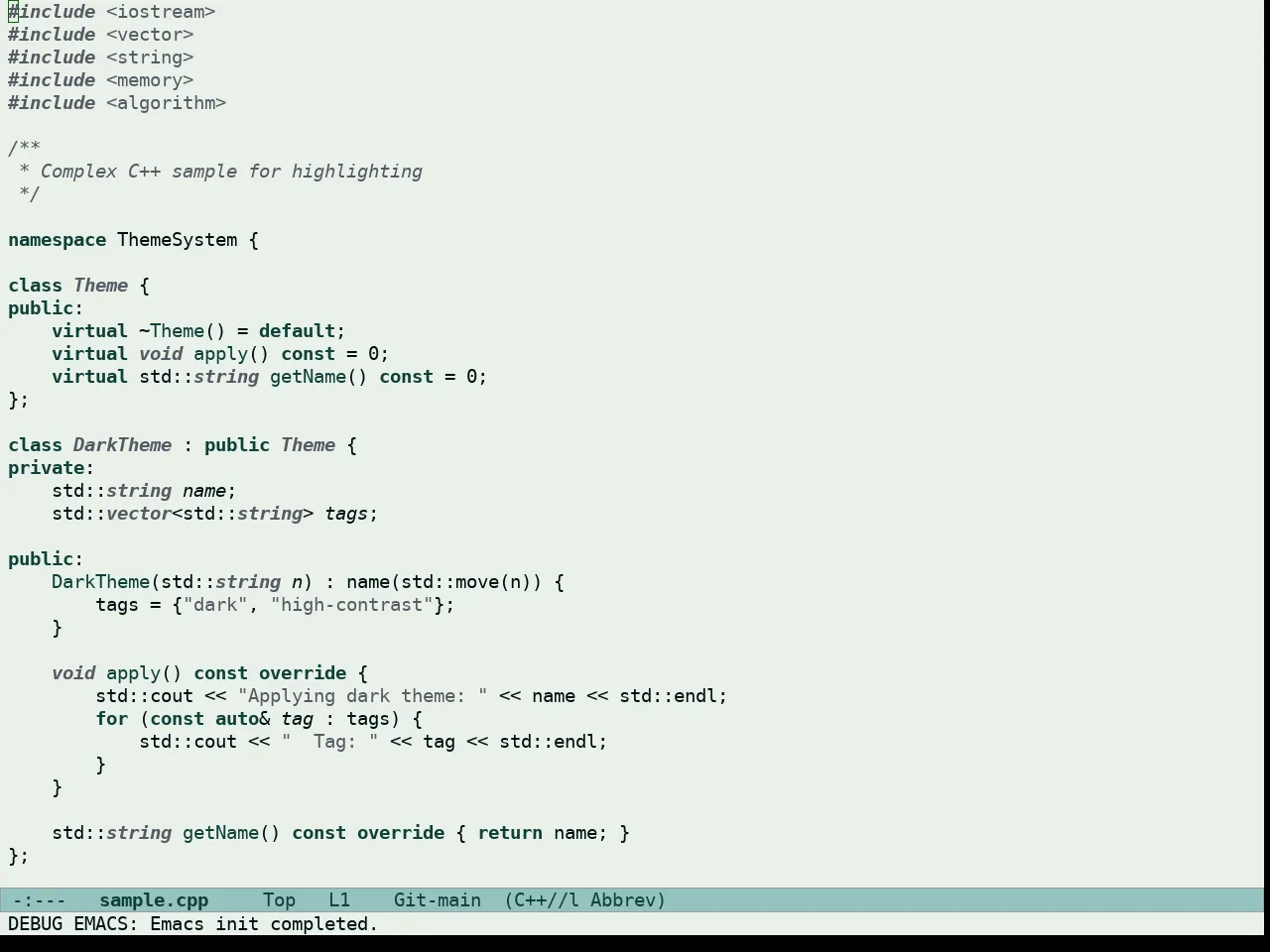 Doric Wind Theme in c++-mode
