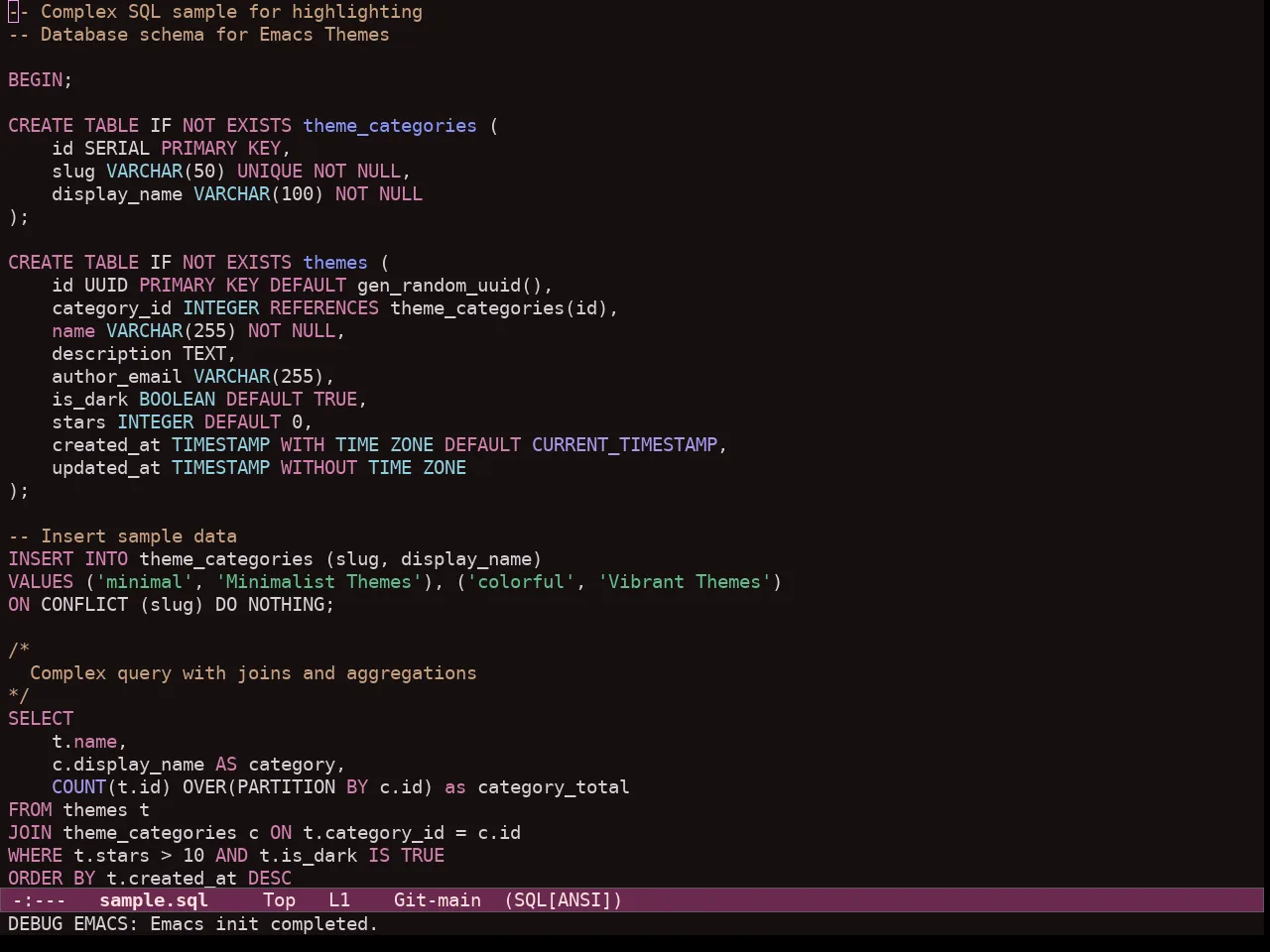 Ef Trio Dark Theme in sql-mode