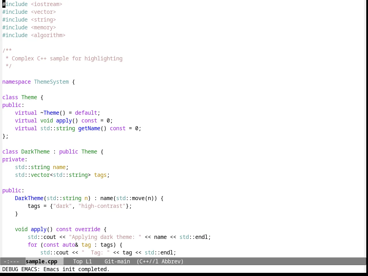 Emacs NW Theme in c++-mode