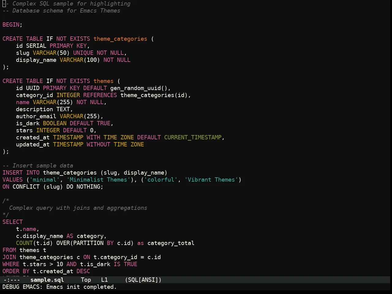 Flexoki Themes Dark Theme in sql-mode