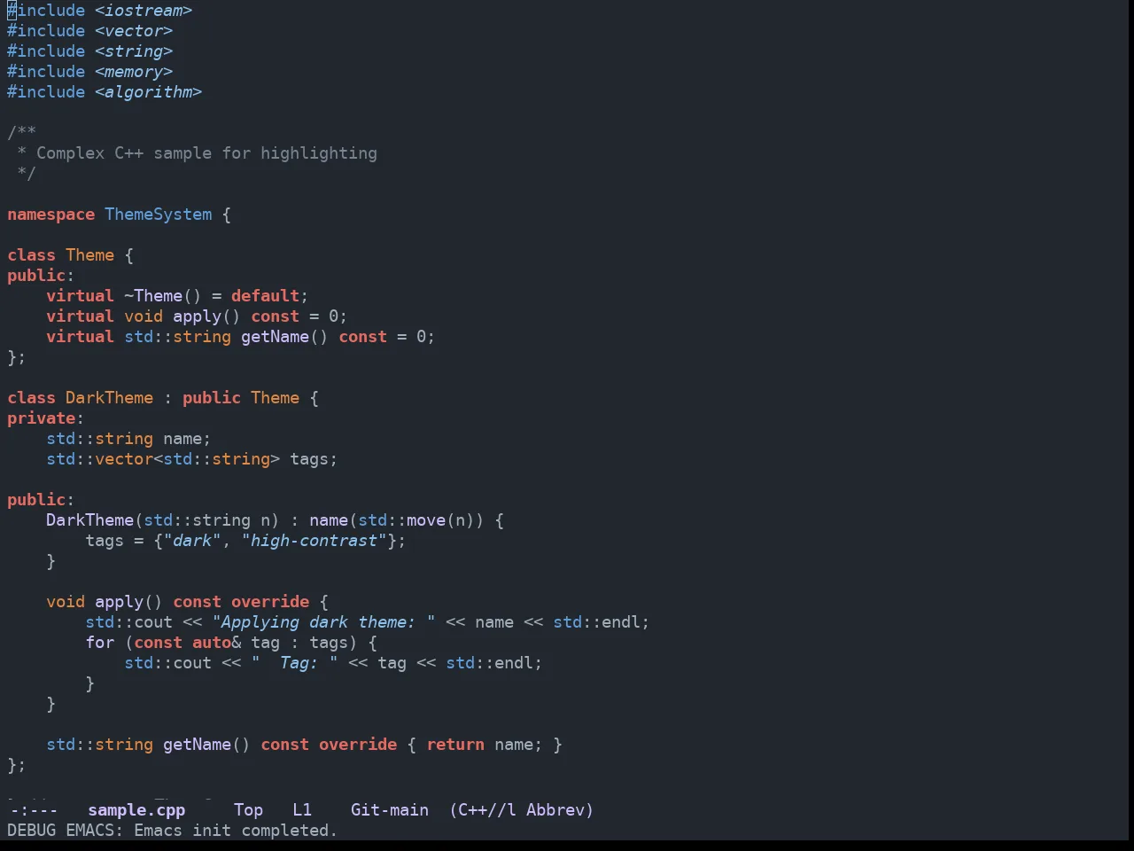 GitHub Dark Dimmed Theme in c++-mode