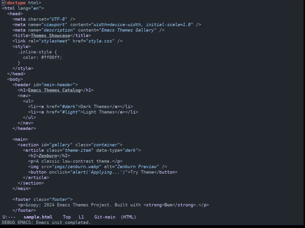 GitHub Dark Dimmed Theme in html-mode
