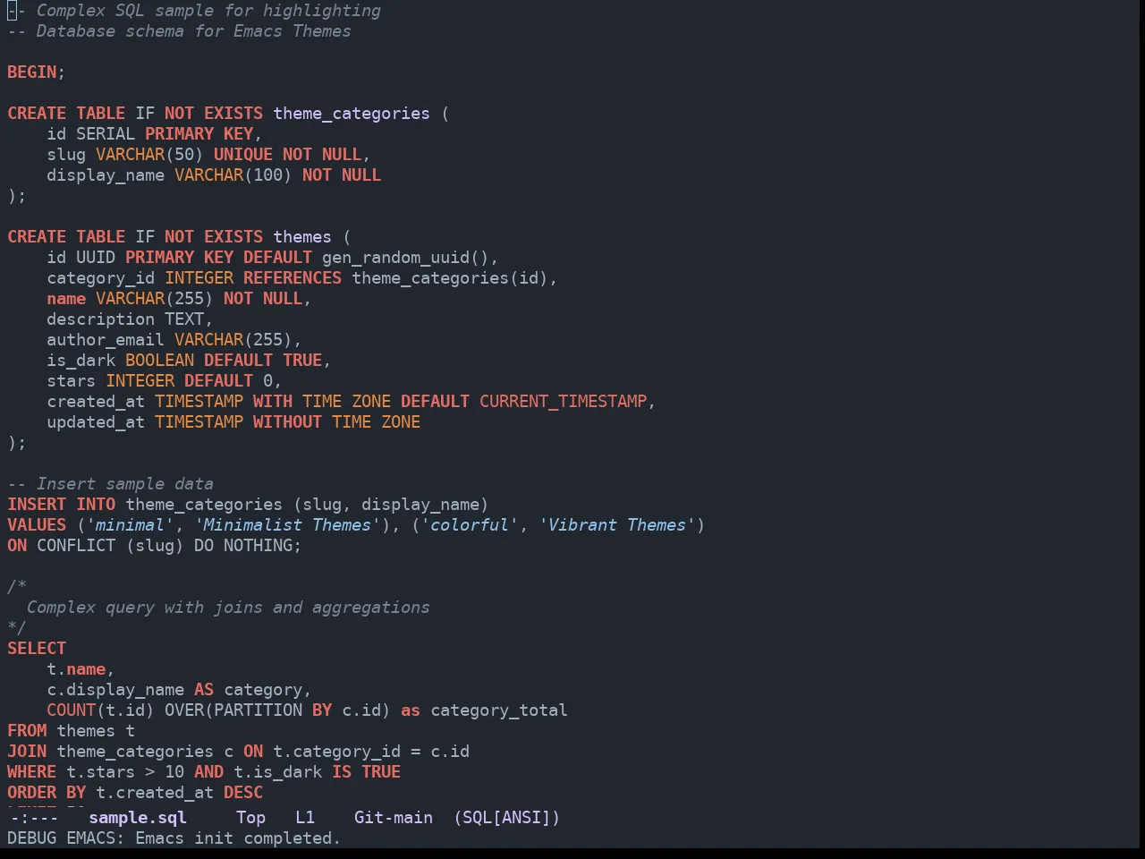 GitHub Dark Dimmed Theme in sql-mode