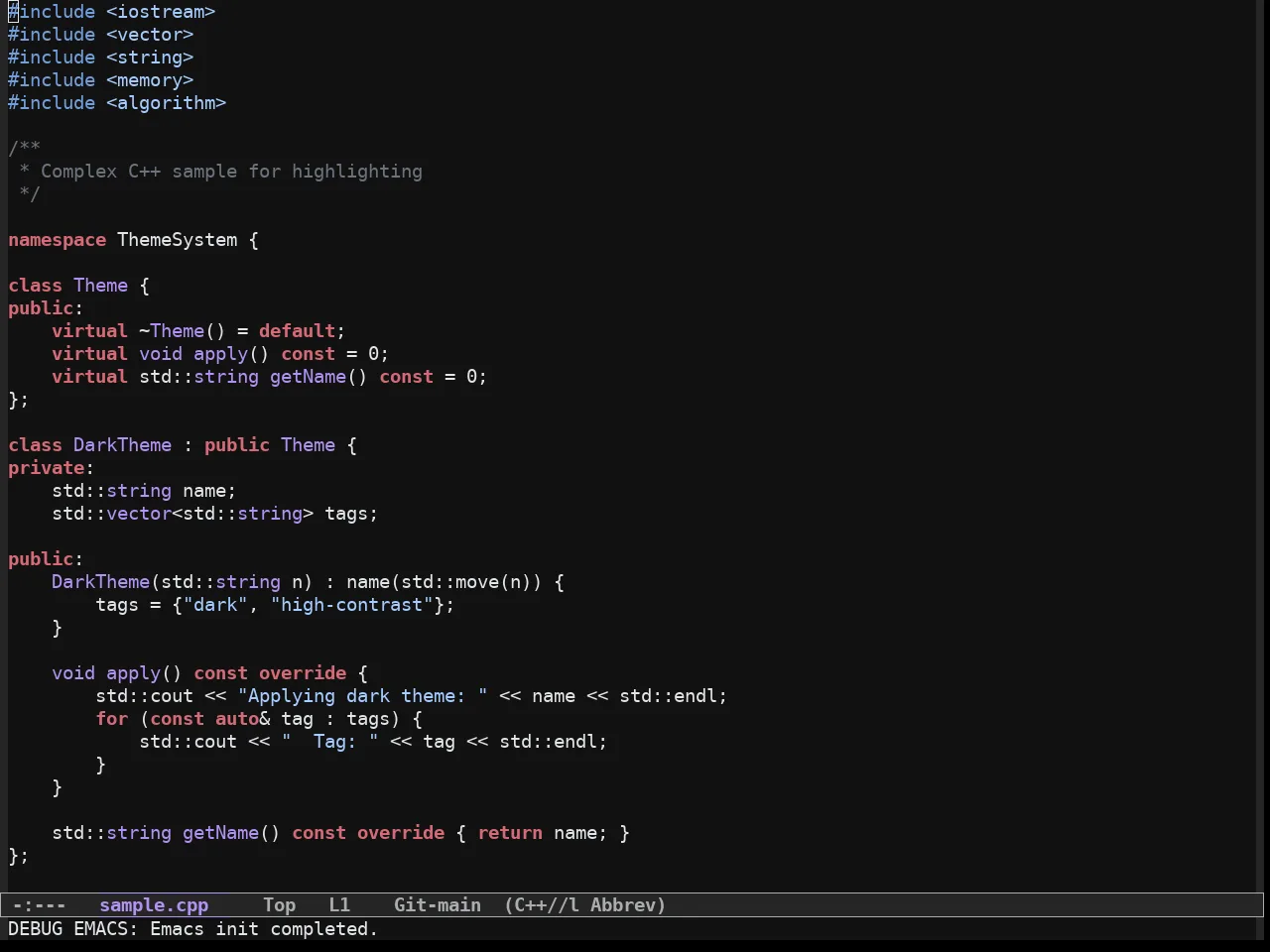 Github Dark Vscode Theme in c++-mode