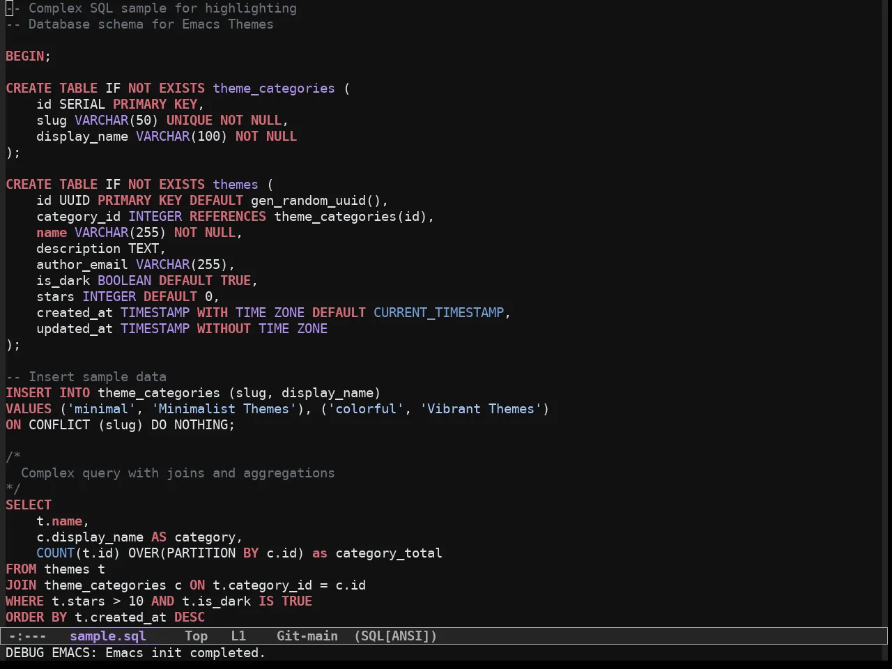 Github Dark Vscode Theme in sql-mode