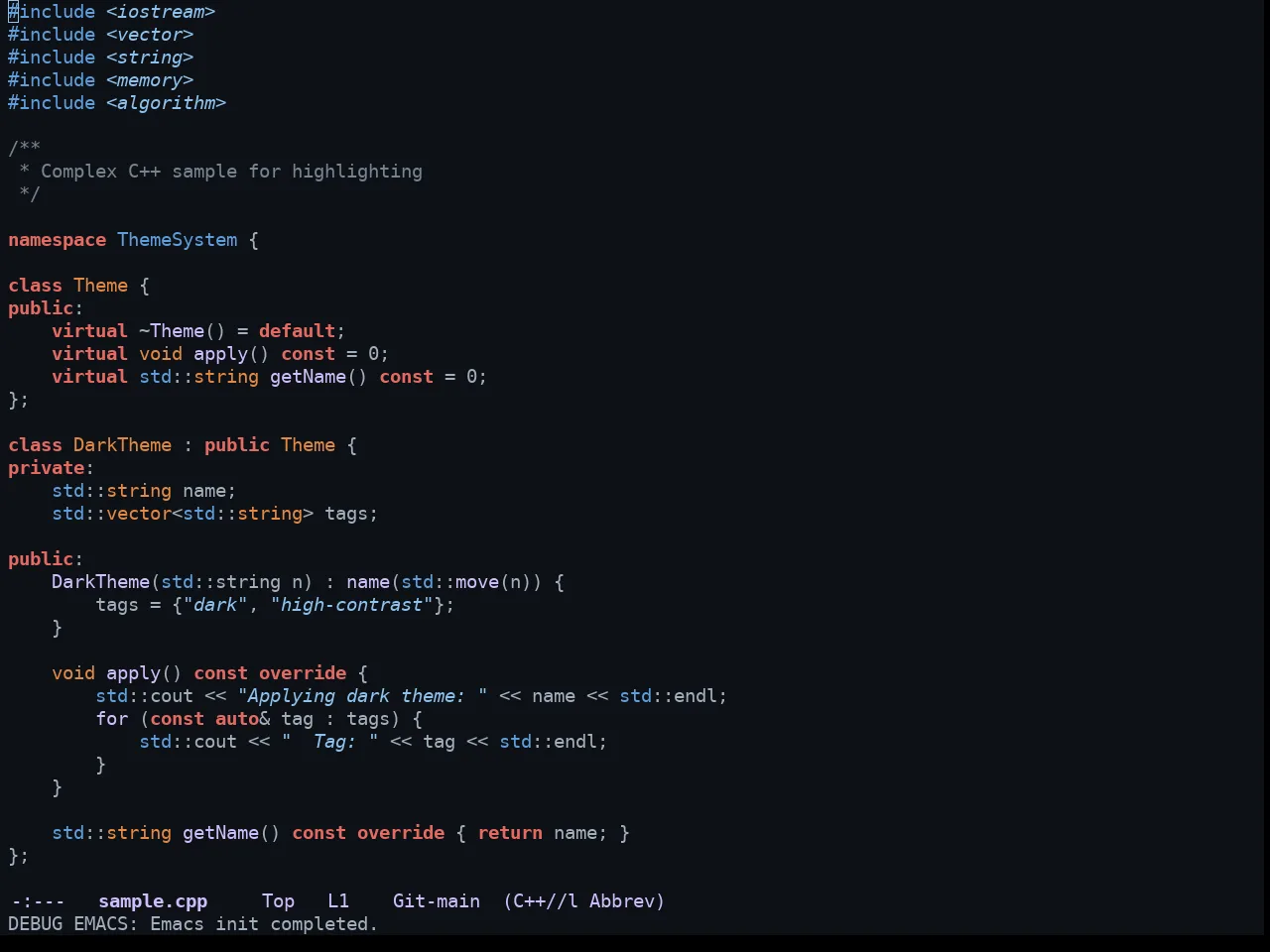 GitHub Dark Theme in c++-mode
