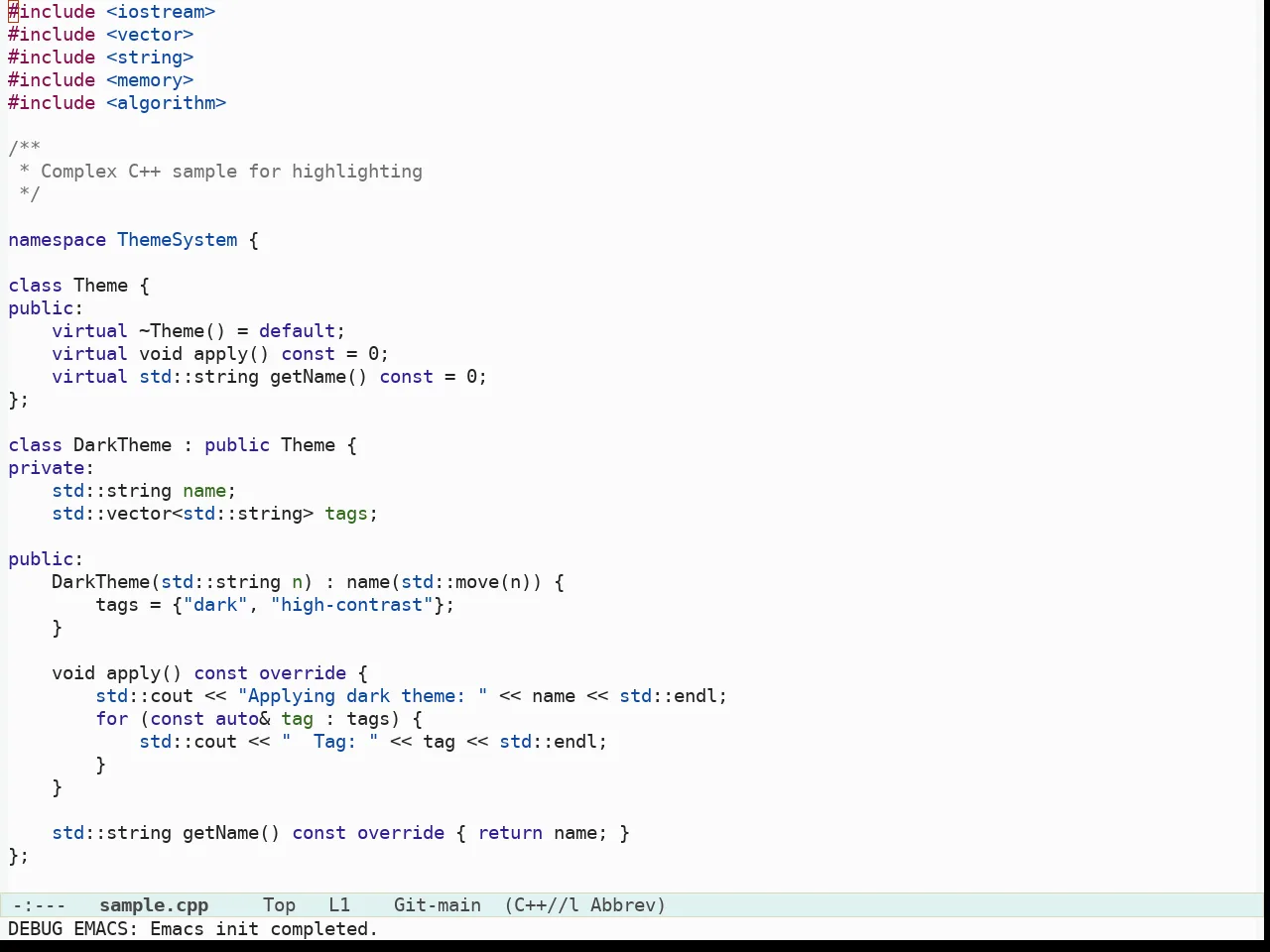 Immaterial Light Theme in c++-mode