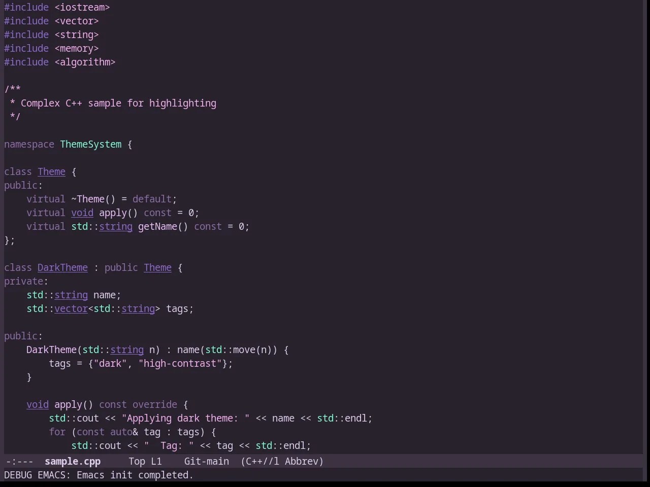 Lavender Theme in c++-mode