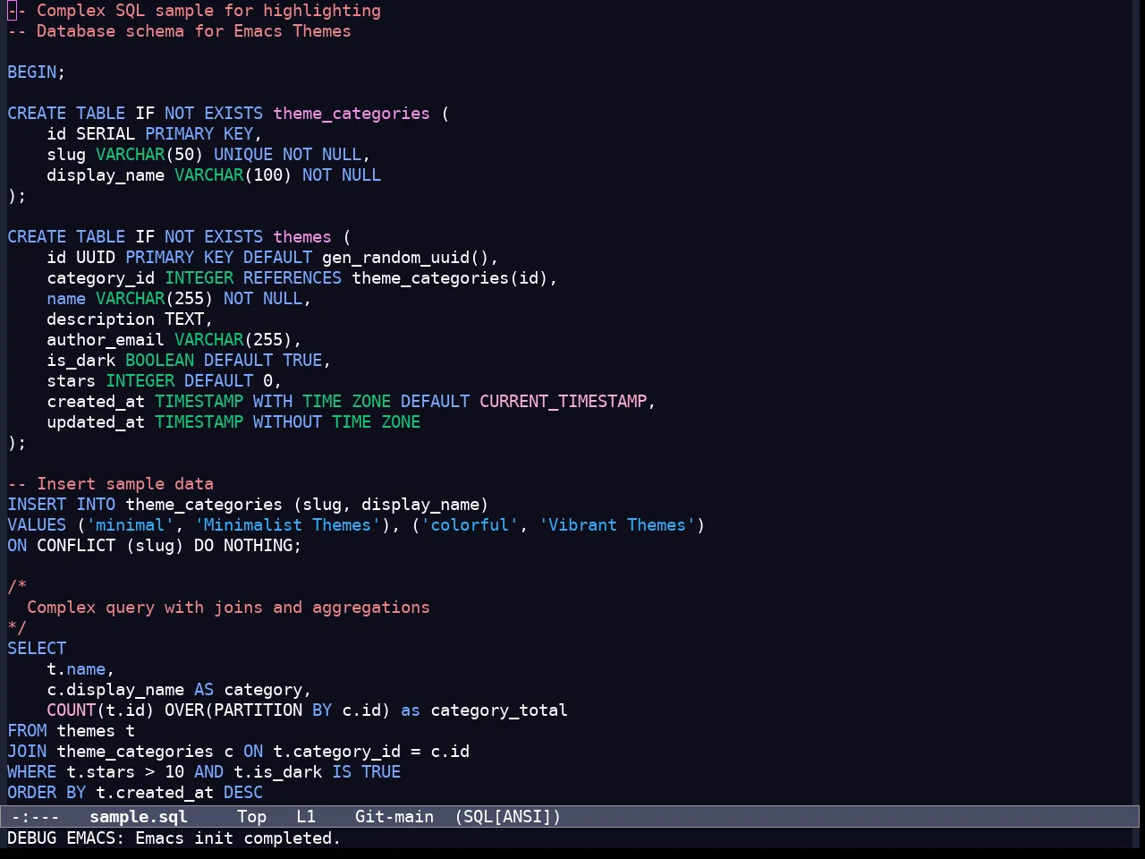 Modus Vivendi Tinted Theme in sql-mode