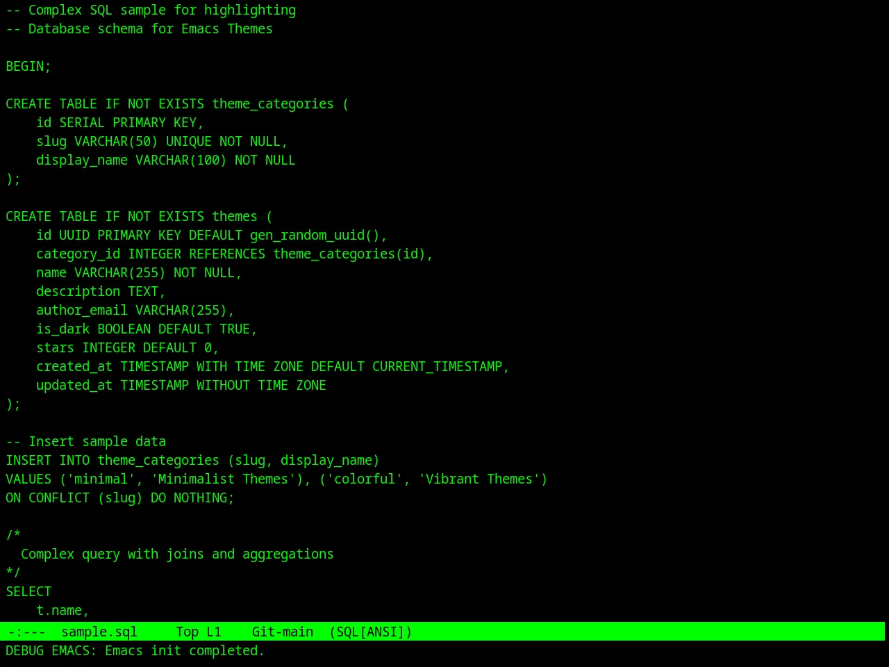 Retro Green Theme in sql-mode