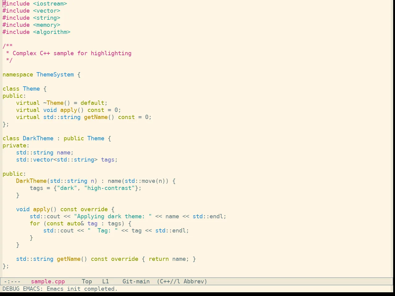 Sanityinc Solarized Light in c++-mode