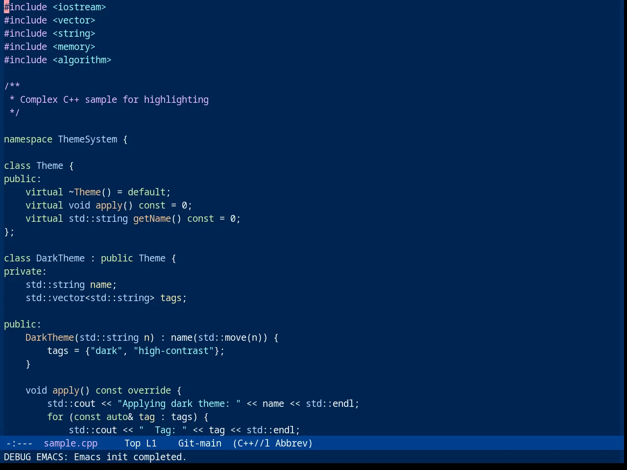 Sanityinc Tomorrow Blue in c++-mode